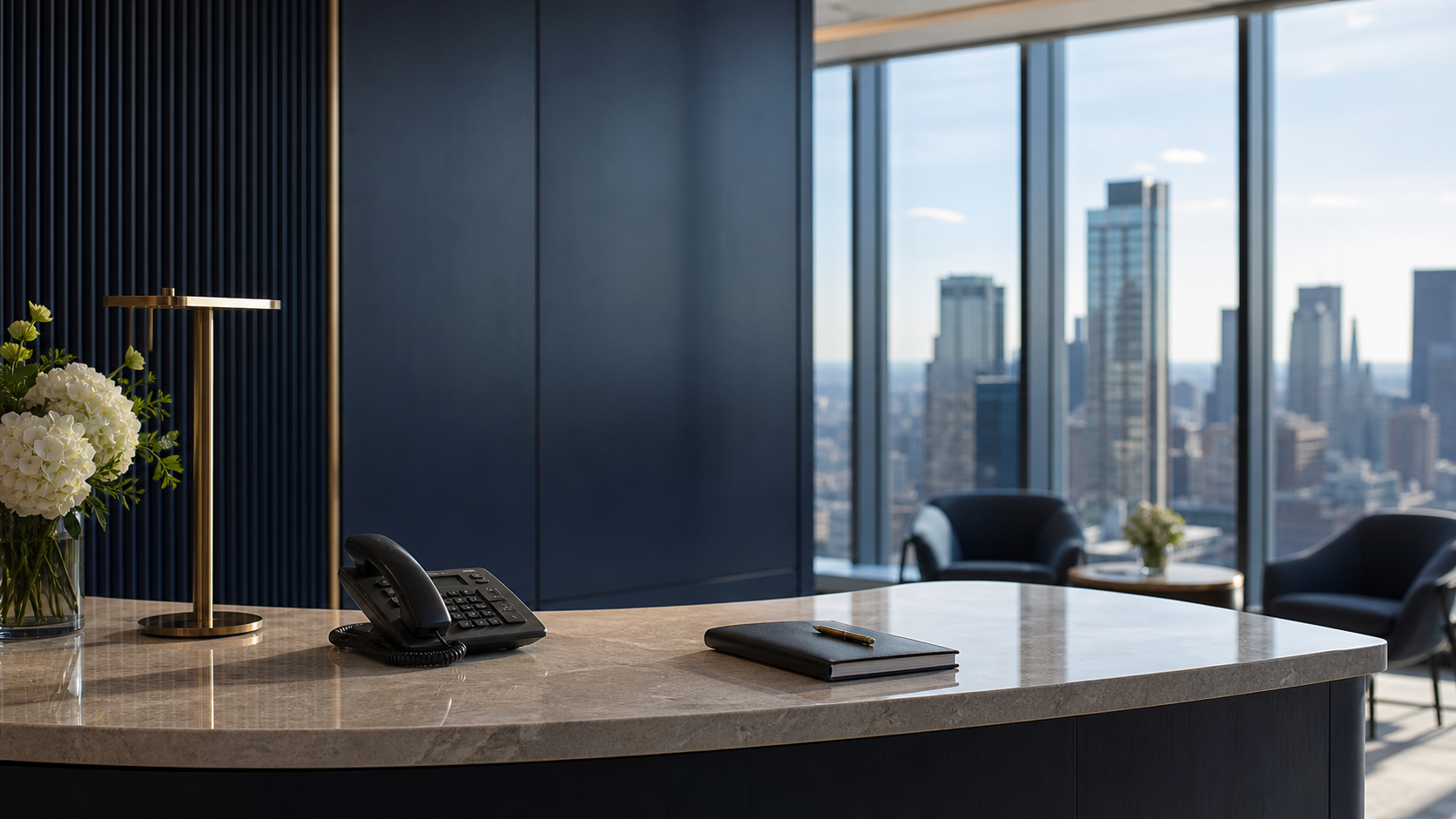 Refined corporate reception desk with city skyline